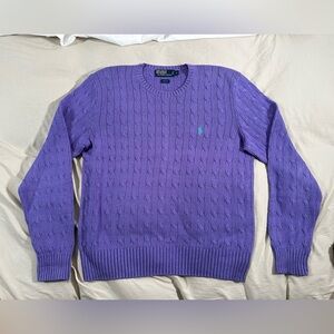 Polo Ralph Lauren 100% Silk Lilac Purple Cable Knit Sweater Large Teal Pony